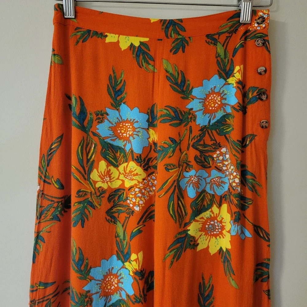 Free People Blue Horizon Wide Leg Flowy Tropical Boho Orange Floral Pants Size 4 - Picture 4 of 9